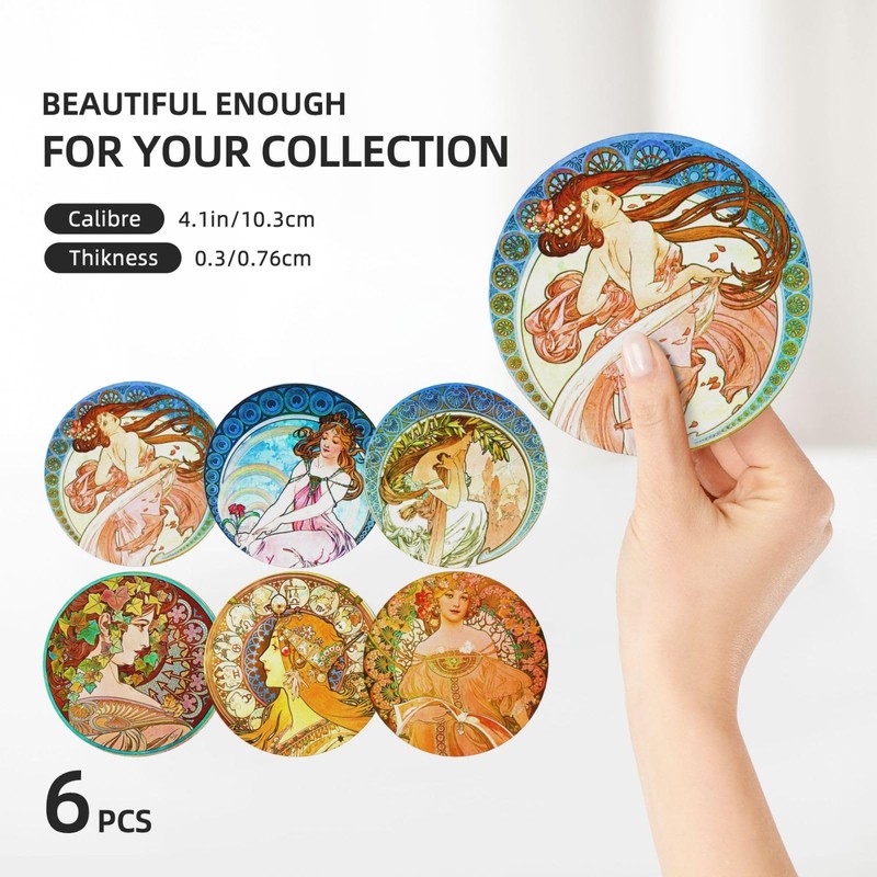 Alphonse Mucha Art Absorbent Coasters with Holder Set of 6,