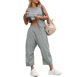 Fisoew Women's Summer 2 Piece Outfits Sleeveless Tank Tops Wide Leg Pocketed Pants Workout Sweat Sets