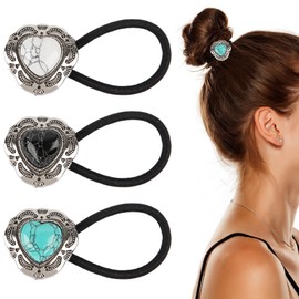 Framendino, 3 Pack Metal Western Style Ponytail Holders Vintage Hair Ties Turquoise Concho Heart Ropes for Women