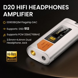HIFI WALKER D20 DAC512 Portable Headphone Amp/DAC – USB Hi-Res Audio Dongle with 4.4mm Balanced & 3.5mm Output, ES9038Q2M + CT7601PR, Support PCM 768kHz/DSD512, CNC Aluminum, OLED Display