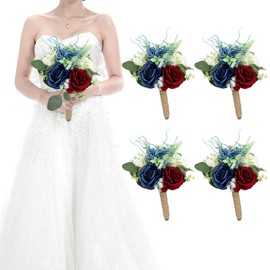 HOMENERGY Set of 4 Bridesmaid Bouquets for Wedding - 7 Inch Artificial Flowers Bouquets for Ceremony Anniversary Centerpieces Decorations - Burgundy & Navy Blue & White