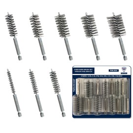 Stainless-Steel Bore Brush [8-Size Set] Wire Brush for Power Drill, Metal Cleaning Brushes, 1(1/8) to 1/4-inch Diameter in 1/8-in increments (or 29, 26, 22, 19, 16, 13, 10, 7 mm), (1/4-in Hex Shaft)