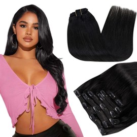 RUNATURE Real Hair Clip-In Hair Extensions, Black Remy Real Hair Clip-In Extensions, Natural Hair Extensions Clip-In Long Hair, 55 cm, 120 g #1B