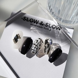 [Sl&Sl Nail Tips] Black Tweed Nails - Short Nose Pin / [슬앤슬네일팁] 블랙트위드 네일 - 숏코핀