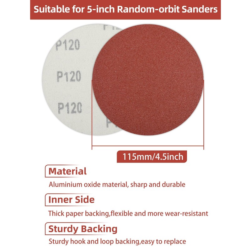 115mm Hook and Loop Sanding Discs 40/80/120/240 Grit Sandpaper Sheet,