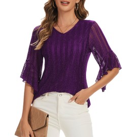 Women's 3/4 Sleeve Tops Sparkly Dressy V Neck Blouse Glitter Evening Party Shirts Purple XL