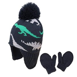 jerague Hats and Gloves Set for Kids Toddler Baby Knit Earflap Beanie Winter Warm Fleece Cap for Boy Girl