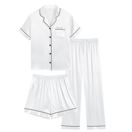 SWOMOG Womens Silk Satin Pajamas Set 3pcs Summer Pj Sets Plus Size Loungewear Button-Down Loose White Sleepwear 20W