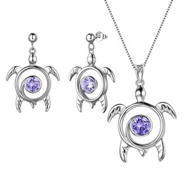 Aurora Tears Turtle Necklaces/Stud Earrings 925 Sterling Sliver Animals Jewelry Set Blue Alexandrite June Birthstone Jewellery Gifts with Cubic Zirconia for Women DS0088U