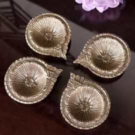 Satvik 4 Pc Brass Laxmi Diya Engraved Floral Design Pooja Diwali Home Mandir Decor Oil lamp Kutthu Vilakku Nilakku Lakshmi Pujan Deepak Deepam Tea Light Holder Dia Indian Housewarming Return Gift Item