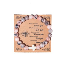 Christian Gifts for Women, Men Cross Beads Stretch Bracelet Catholic Religious Jewelry Gifts Natural Stone Pink Zebra Bracelet for Godmother, Mothers Day Gifts,Birthday Gifts,Easter Jewelry Gifts,Inspirational Gifts