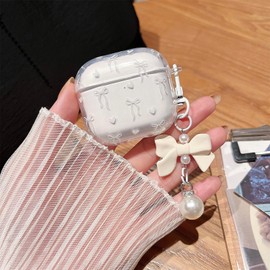 MINSCOSE Compatible with AirPods 4 Clear Case,Cute Bow Ribbon Heart Pretty Aesthetic Design with Bow Pearl Keychain,Soft TPU Protective Shockproof Case for Women Girl for Airpod 4-White