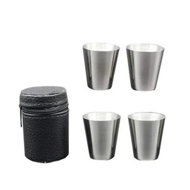 4 Pieces 30ml (1oz) Stainless Steel Shot Cups Shot Glass Drinking Vessel with One Black PU-Leather Carrying Case Outdoor Camping Travel Coffee Tea Cup, Silver Cup, Black Case