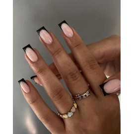Foccna Black Press on Nails Medium Long French Fake Nails Square Acrylic False Nails,Artificial Glossy Nude Nails for Women and Girls- 24 pcs