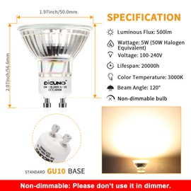 DiCUNO GU10 LED Bulbs 5W Warm White 3000K, 500lm, 120 Degree Beam Angle, Spotlight, 50W Halogen Bulbs Equivalent, Non-dimmable MR16 LED Light Bulbs, 10-Pack