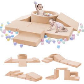 Elftopia Foam Climbing Blocks with Ball Pit & Stairs for Toddlers Aged 1-3 -Soft Playset for Indoor Crawling, Foam Playground Set for Baby to Active Playing Inside -(Balls NOT Included),Beige