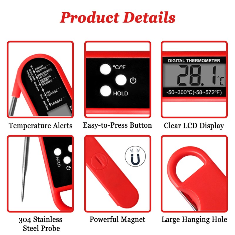 Meat Thermometer with 3-Second Instant Read, Backlit LCD, Calibration &