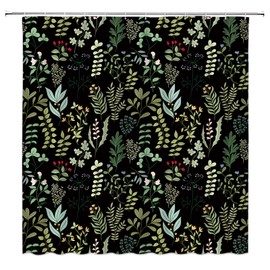 AMFD Black Botanical Shower Curtain Vintage Herbs Floral Retro Rustic Farmhouse Boho Leaves Fabric Bathroom Decor Set with Hooks,(70" WX70 H)