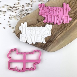 LissieLou Happy Easter Style 2 with Rabbit Cookie Cutter and Stamp Easter Icing Stamp Fondant Embosser - Light Pink