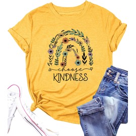 Kindness Shirts for Women Novelty Floral Graphic Print Nature T Shirts Summer Comfort Short Sleeve Workout Daily Wear Christian Tee Tops(Yellow L)