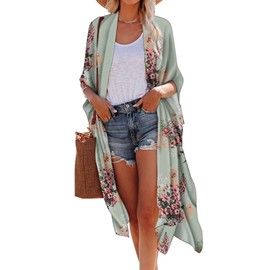 Hibluco Women's Summer Chiffon Floral Kimono Cardigan Long Swimwear Cover Ups