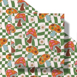 RUSPEPA Retro Boho Wrapping Paper Roll, Mini Roll, Vintage Mushroom Design with Daisy, Plaid and Vibrant Colors, Gift Wrap Paper Great for Birthday, Boho Gifts and Spring Gifts, 17 Inches x 16.4 Feet