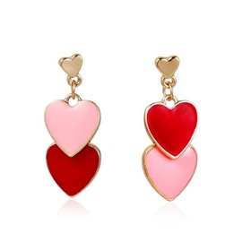 Double Love Heart Drop Earrings Heart Dangle Earrings Heart Stud Earrings for Women Valentine's Day Mother's Day Birthday Gift-red
