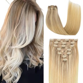 LIZ Hair Real Hair Clip in Extensions,Balayage Ash Brown to Champagne Blonde and Platinum Blonde Remy Human Hair Extensions Clip Ins 14 Inch 120g 7pcs Silk Straight Hair Extension