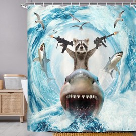 Uokiuki Funny Animal Shower Curtain, Cute Raccoons Ride Shark Ocean Waves Shower Curtain with Hooks, Nautical Coastal Fabric Bathroom Curtain 69W X 70L Inch