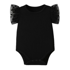 ROMPERINBOX Baby Girl Onsies Polka Dot Mesh Puff Sleeve Rib-Knit Short Sleeve Round Neck Bodysuit, Black, 12-18 Months