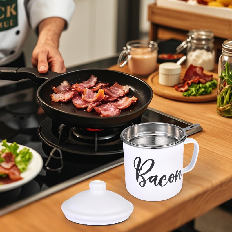 Bacon Grease Saver with Strainer - 15oz Enamel Grease Container,