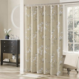 MVSUTA Silk Flowers Gold Fabric Plum Blossom Taupe Printed Floral Shower Curtain,Farmhouse Waterproof Yellow Polyester Tan Bathroom Curtains,72" W x Extra 78" H