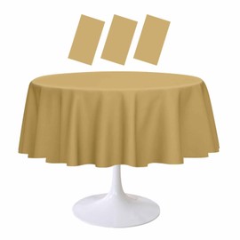 RINDOJIN 3 Pack Gold Round Tablecloth 84 x 84 Inch Circle Plastic Table Cover Disposable Table Cloth for Baby Shower Wedding Birthday Party Picnic Round Gold Tablecloth
