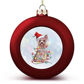 DOREENABE Yorkie Terrier Santa Ball Ornament, 2023 Dog Ornament,Dog Wearing Christmas Hat with String Lights Ball Ornaments Hanging Keepsake for Xmas Christmas Tree Decorations