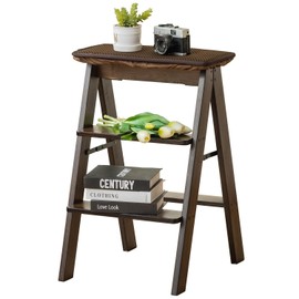 Latifolia Foldable 3 Step Stool, Bamboo Step Stool with Floor Saver, Decorative Ladder Shelf for Living Room, Kitchen, Garden(Dark Walnut)