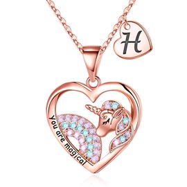 IEFRICH Unicorns Gifts for Girls Necklaces, Rose Gold Plated Heart Unicorn Necklaces for Women Girls Initial Necklaces for Women Girls Unicorn Jewelry Unicorn Gifts for Girls Birthday Gifts, Brass,
