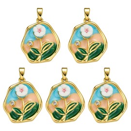 COGCHARGER 5Pcs Vintage Metal Flower Charms for Jewelry Making Van Gogh Inspired Oil Painting Style Flat Round Brass Enamel Charms Pendants for Earrings Necklaces Bracelets DIY Supplies
