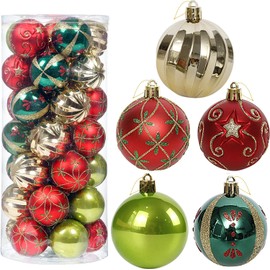 Socpuro Christmas Tree Ornaments Balls, 30 Pieces, 5 Types, 2.4 inches (6 cm) Diameter, Christmas Ornaments, Classic Colors and Patterns, Christmas Balls, Shatterproof, Red, Green, Gold, Assorted, Christmas Decoration, Room, Cafe, Store Decoration, DIY