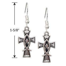 Christian Jesus Cross Ichthys Fish Antique Silver Tone Handmade Dangle Earrings
