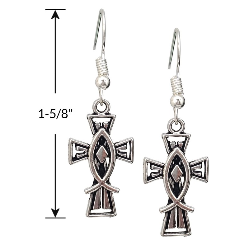 Christian Jesus Cross Ichthys Fish Antique Silver Tone Handmade Dangle