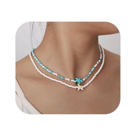 BIHYR Beach Necklace, Summer Layered Beaded Choker Necklaces for Women, Boho Beaded Necklace Gifts for Women, Waterproof Summer Beachy Accessories Hawaiian Rice Beads Chain Jewelry with Starfish