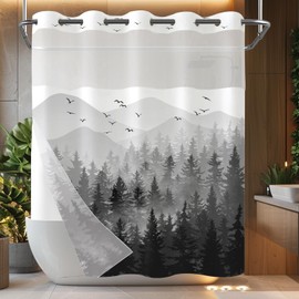 Accnicc No Hook Shower Curtain with Snap in Liner Black Gray Misty Forest Hookless Shower Curtains for Bathroom Foggy Nature Pine Tree Mountain Woodland Waterproof Fabric Bath Curtain Decor 71×74In