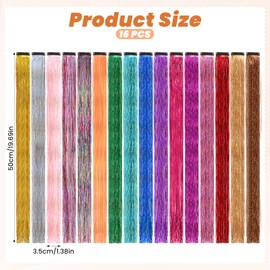 Clip in Tinsel Hair Extensions, 1.37 Inch Glitter Hair Extensions Tinsel Strands Hairs Fairy Tinsels Kit for Kids Girls, 16Pcs