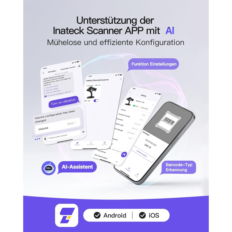 Inateck 2D Barcode Scanner mit Intelligentem Ständer, Kabellos QR Code