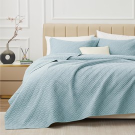 EXQ Home Quilt Set Full/Queen Size Coral Blue 3 Piece,Lightweight Soft Coverlet Modern Style Squares Pattern Bedspread Set for All Season(1 Quilt,2 Pillow Shams)