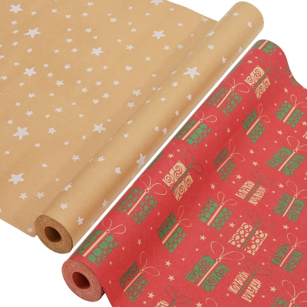 AhfuLife 2 Rolls of Wrapping Paper Christmas Set, 43 cm x 15 m Christmas Paper Set, Natural Kraft Paper Christmas Wrapping Paper for Xmas Christmas Paper Gifts (Star/Gift)
