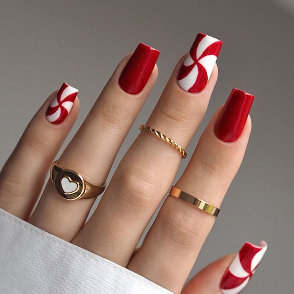 Christmas Press on Nails Medium Square Fake Nails with Red