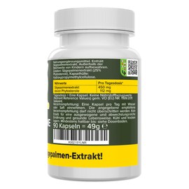 Saw Palmetto Extract Capsules - High Dose 450 mg 80:1 Extract (112 mg Phytosterol, 25%) - Bioactive & Vegan - Production in Germany - Saw Palmetto Complex without Additives & Laboratory Tested