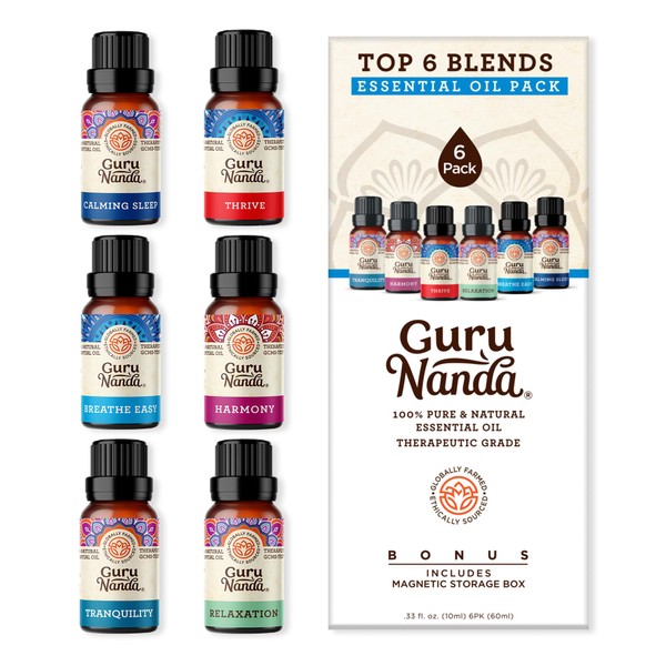GuruNanda Essential Oil Blends (Set of 6) - 100% Natural Essential Oil Set, Aromatherapy Oil Blends for Diffusers - Breathe Easy, Tranquility, Harmony, Sleep, Relaxation, Immunity