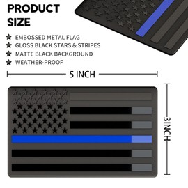 Embossed 3D Metal Thin Blue Line All Black American Flag Emblem Decal Stickers (2 Pairs), Matte Black 5" x 3" Patriotic USA US Flag Decals for Car, Truck, Motorcycle Honoring Police Law Enforcement